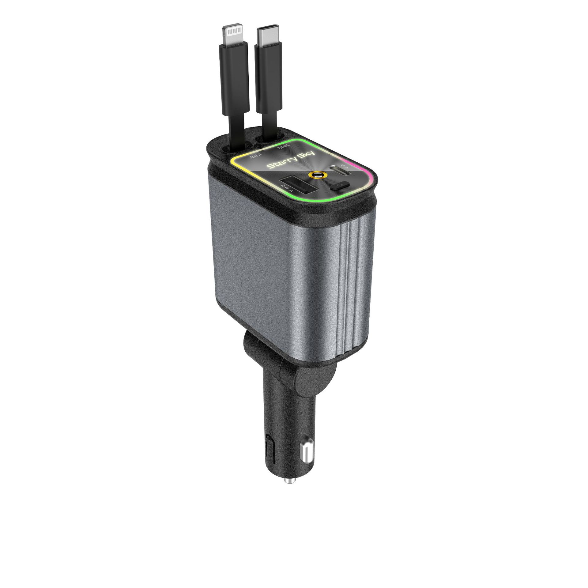 跨境C3车载手机充电器120W超级快充带星空顶投影灯四合一伸缩线B1