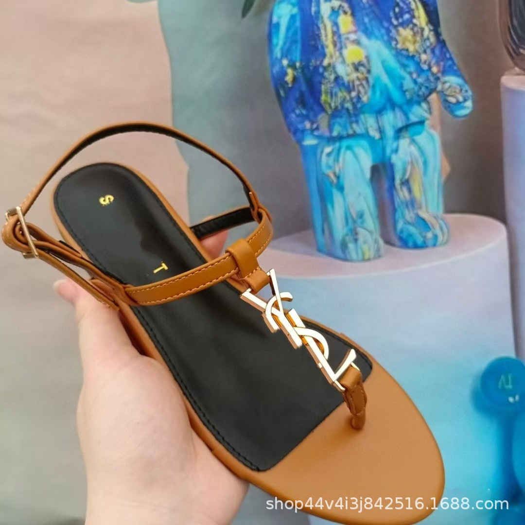 poplar linjia summer metal flip toe flat ankle-strap buckle sandals women's fashion round head hollow out flat bottom comfort Application Scenario