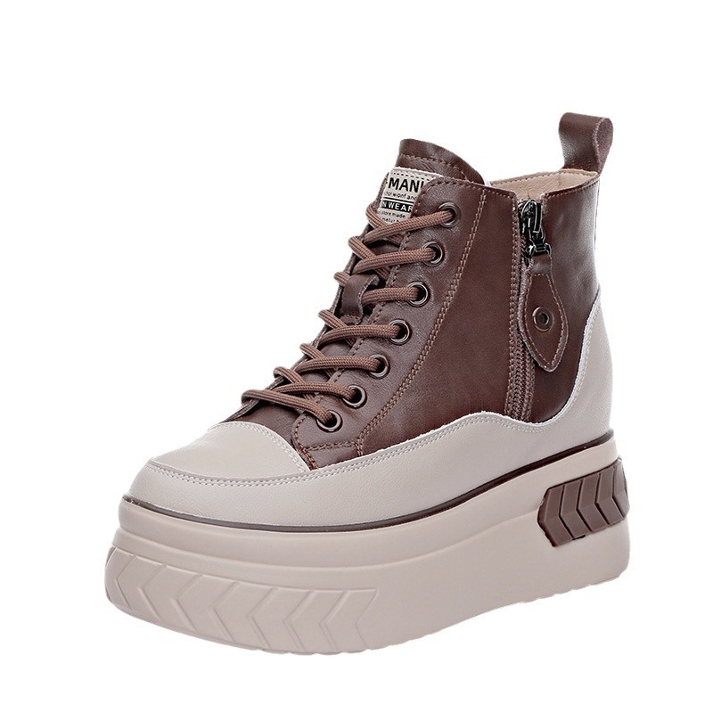 sneakers cowhide 2025 autumn new platform shoes high heel platform height increasing insole casual high-top shoes boots women's shoes full figure