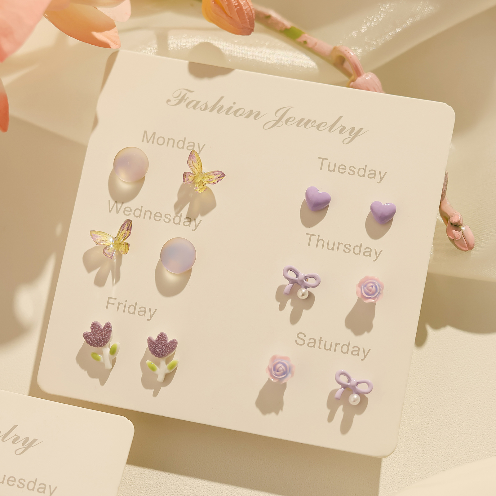 Spring new, fresh and cute one-week stud earrings set, girlish silver needle small, versatile daily earrings wholesale Application Scenario