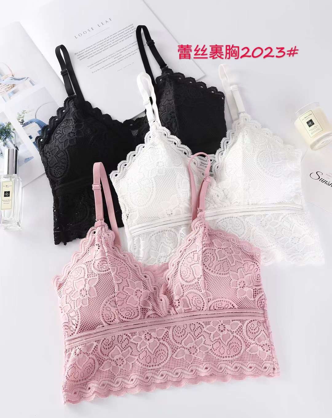 A lady's lace back wraps around her chest undefined