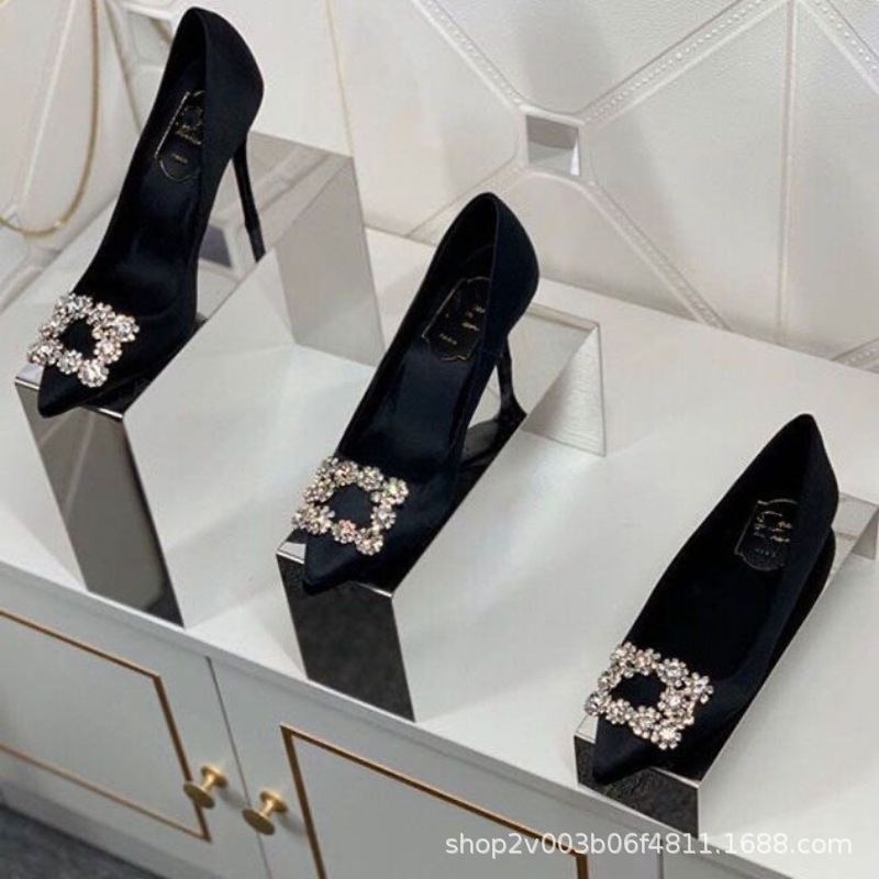 lin xinru style rv rhinestone square buckle high heels women's stiletto heel pointed flat pumps satin red wedding shoes shallow mouth undefined