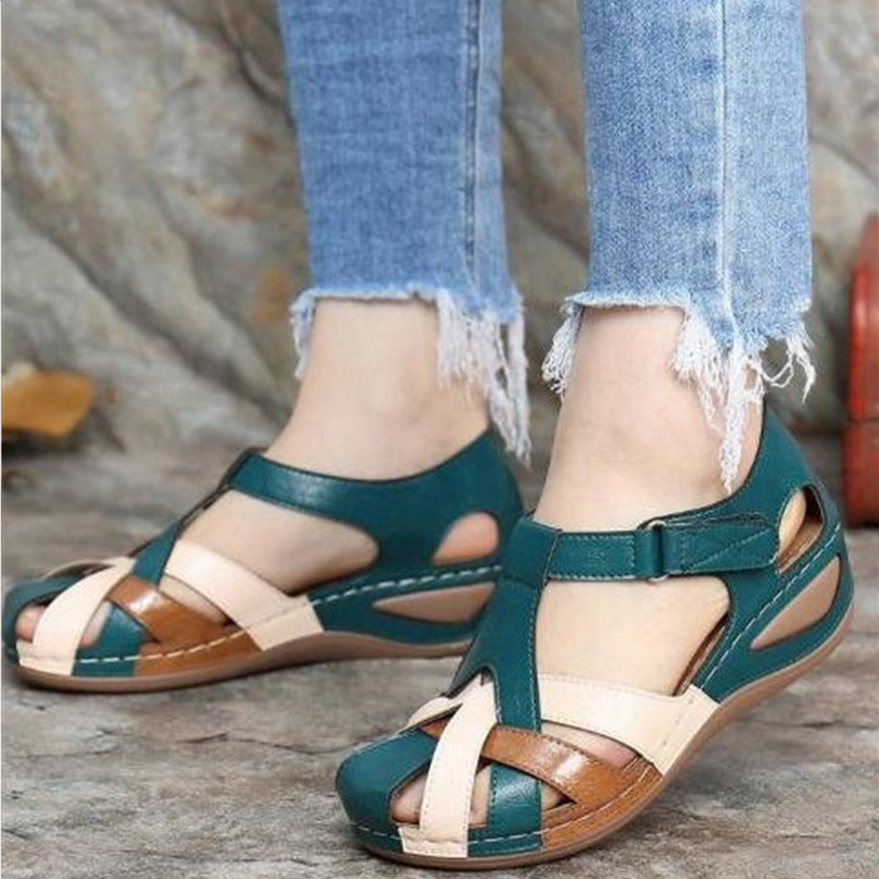 women's plus size comfort summer new mid heel retro round toe wedge women's roman shoes cross buckle women's sandals details Picture