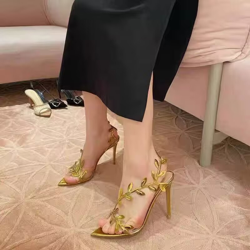high quality ~ design sense descendants of the rich gold sandals 2025 summer ins stiletto pointed toe open toe high heels women Item Picture