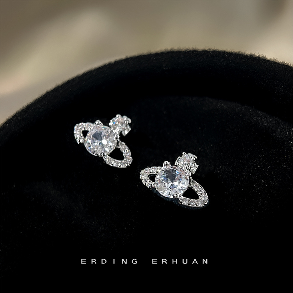 the actual product is very small! exquisite workmanship! micro inlaid zircon personality ins commuter's all-matching saturn small ear studs earrings full figure