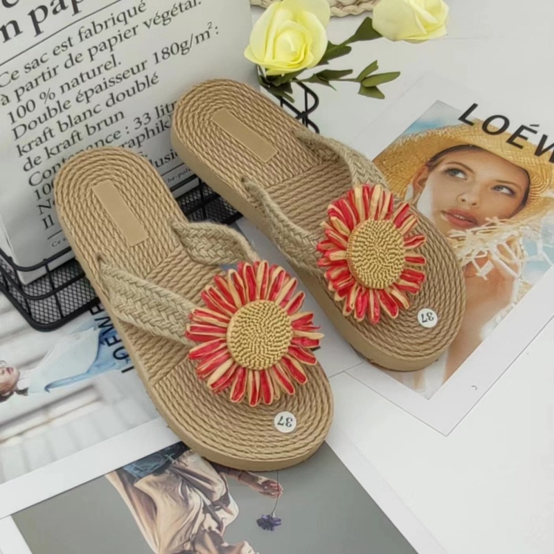ethnic style imitation straw travel hemp bottom women's sandals tide outdoor flip-flops stylish beach flower flip-flops women's slippers undefined