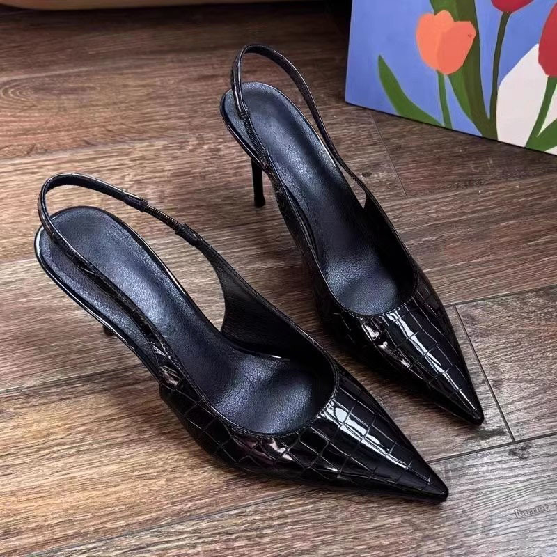 black pointed high heel shoes 2024 early spring new french sexy stiletto heel ankle-strap buckle back empty closed toe sandals for women full figure