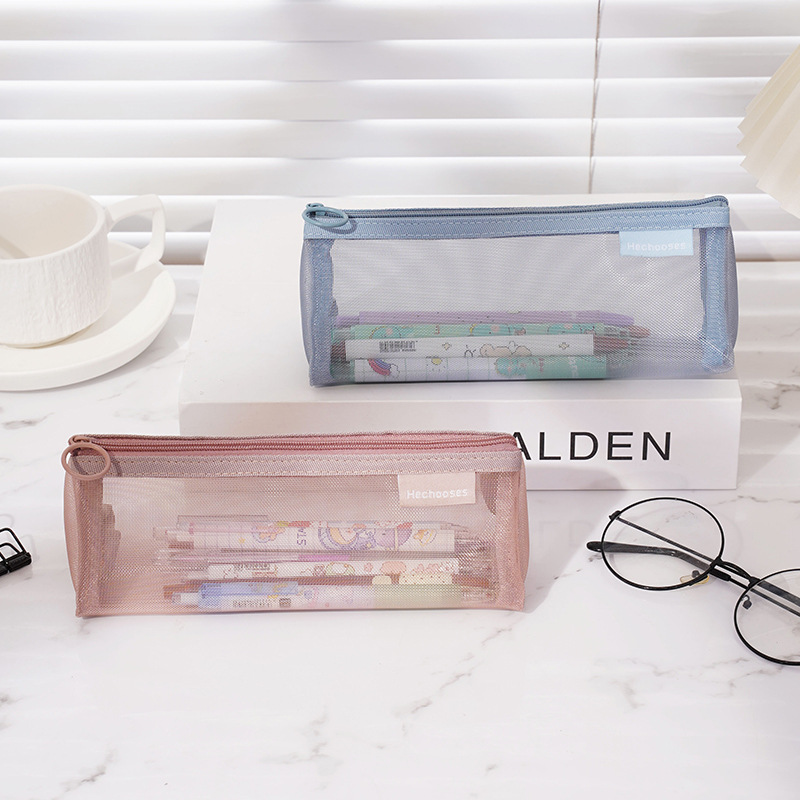 simple transparent mesh pencil bag three-dimensional triangle stationery case male and female student exam bag large capacity pencil case wholesale details Picture
