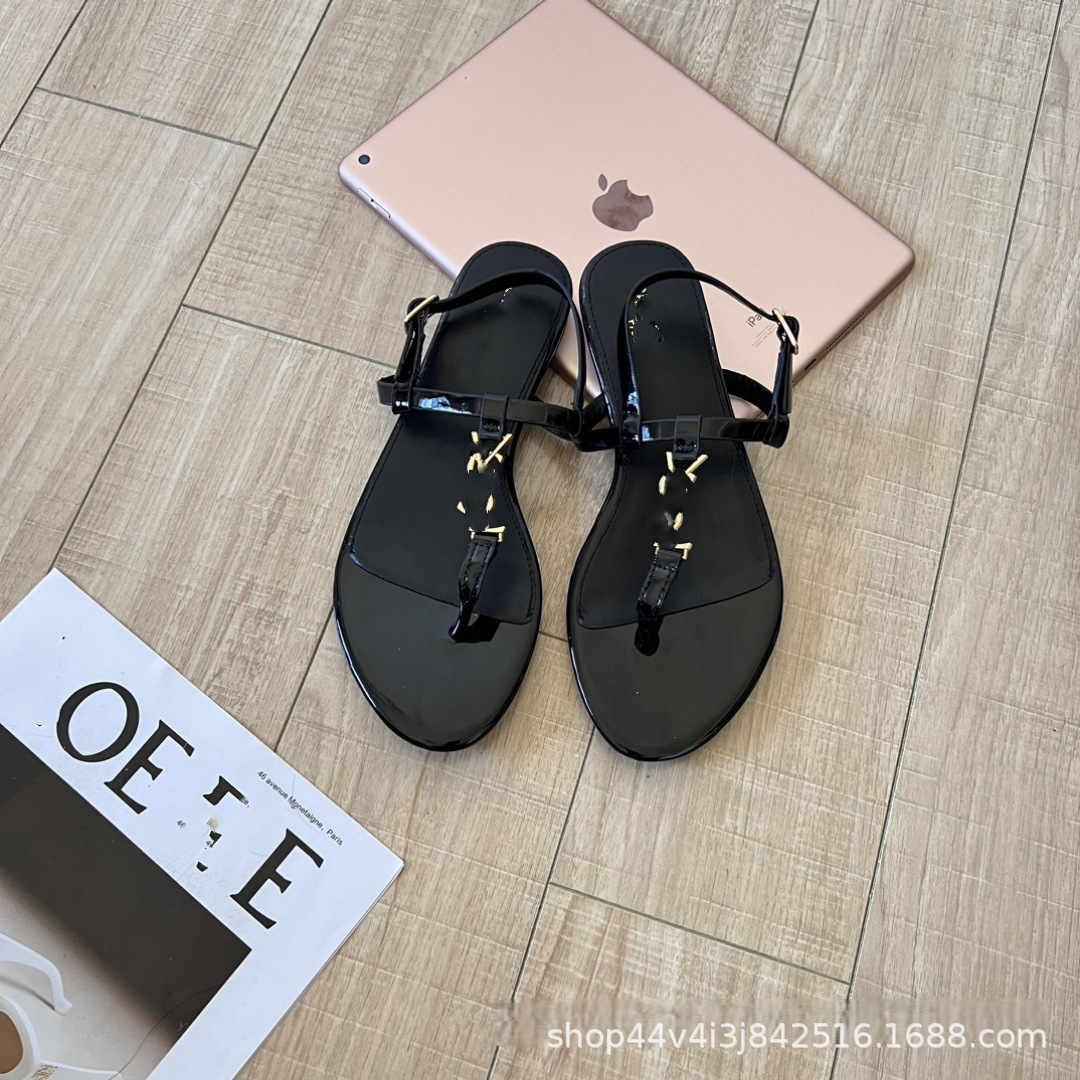 poplar linjia summer metal flip toe flat ankle-strap buckle sandals women's fashion round head hollow out flat bottom comfort Specification drawing