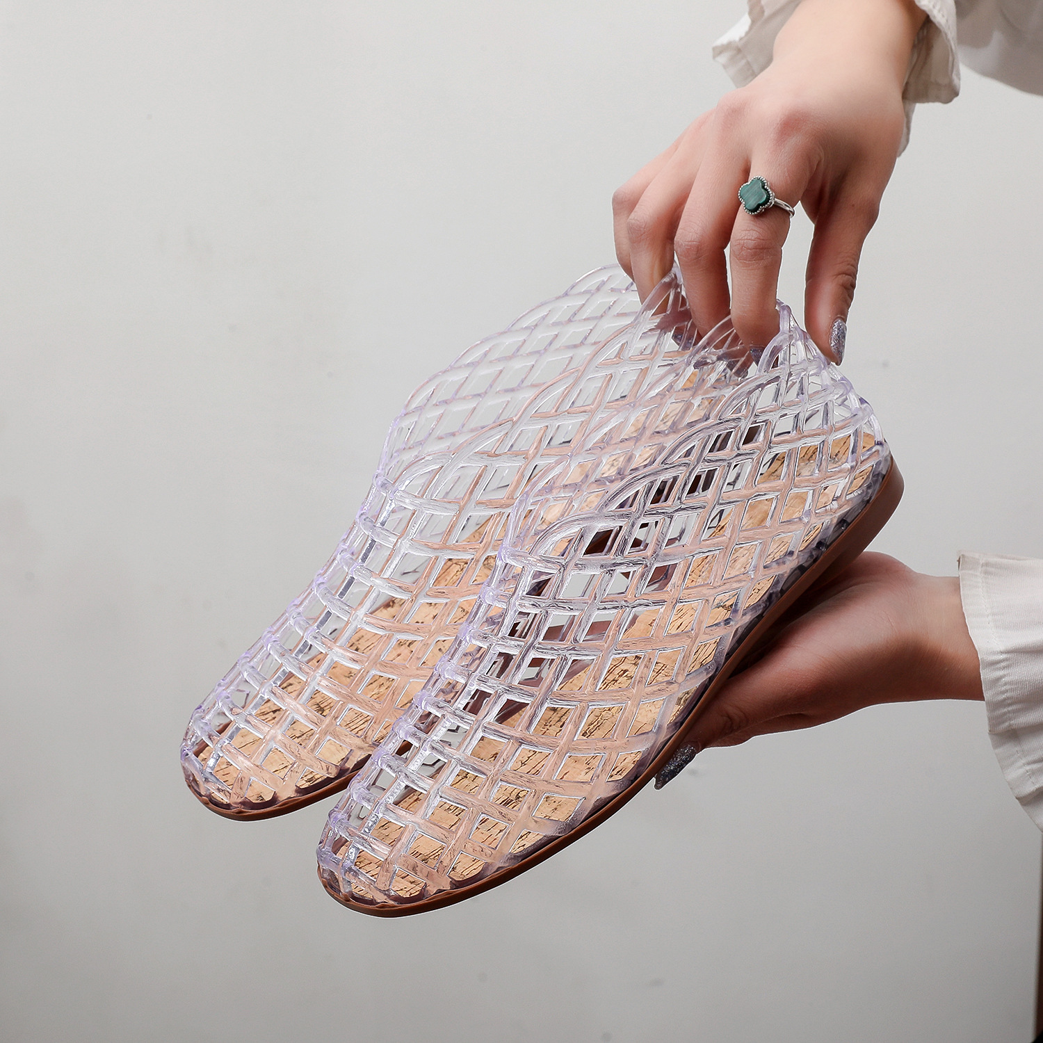 flat pumps mesh women's breathable shoes cross-border foreign trade sandals korean style hollowed toe box crystal gel shoes details Picture