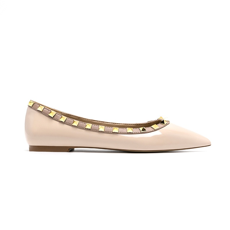 nude pointed toe pumps women's 2024 spring shallow mouth patent leather all-match european and american soft bottom boat shoes flat rivet shoes commuter undefined