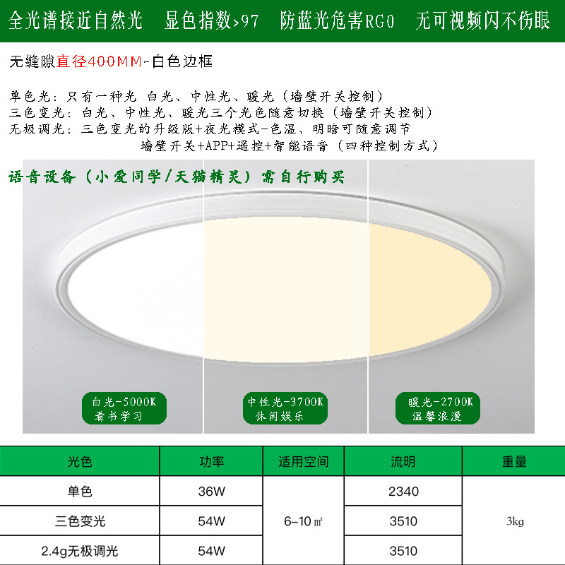 seamless full spectrum eye protection ceiling lamp led aluminum frame simple living room dining room and study room balcony children bedroom light Specification drawing