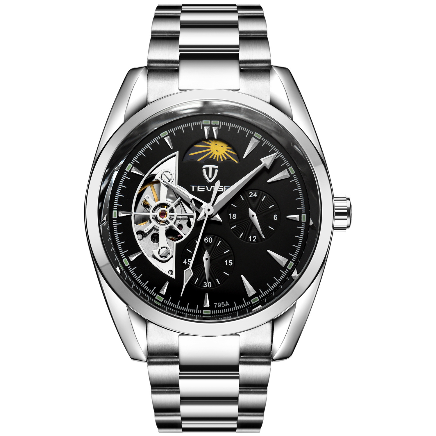 swiss tevise tevise watch men's automatic mechanical watch moon phase steel watch tiktok same style Item Picture