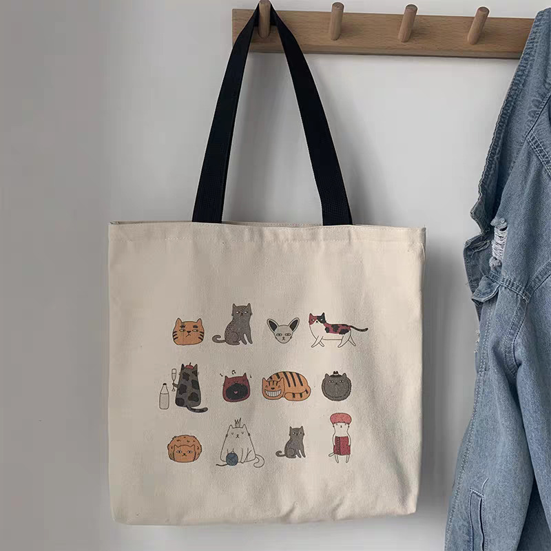 2025 art design cute animal hand-painted illustration shoulder bag schoolbag artistic retro large capacity canvas bag women details Picture