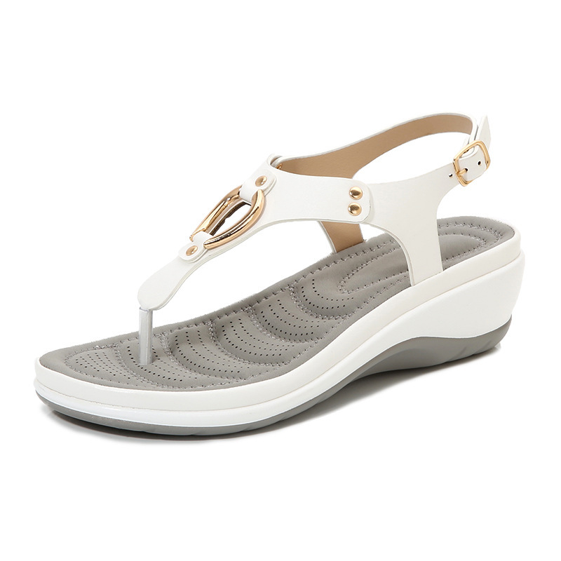 new wedge flip-flops beach sandals rubber outsole metal decorative casual women's shoes buckle women's mid-heel shoes generation hair full figure