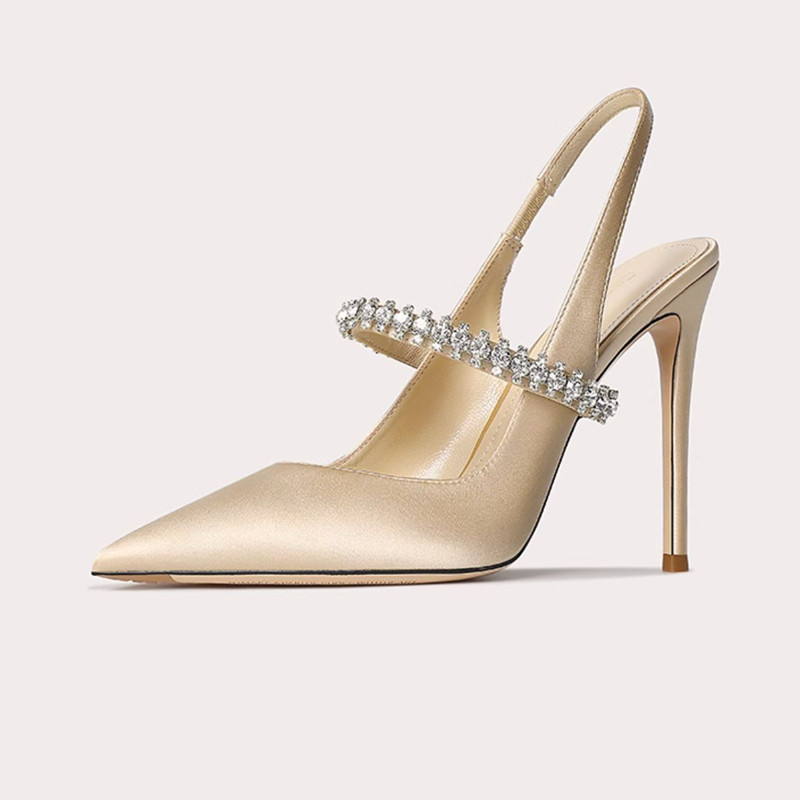 32-size 45 one-word strap closed toe sandals women's rhinestone 2024 new stiletto heel pointed-toe authentic leather high heels women's shoes Item Picture