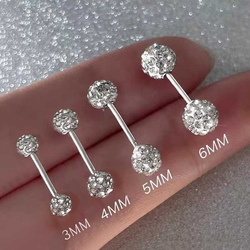 s999 sterling silver with shiny diamond broken beads stud earrings female niche high-grade twist screw ear bone stud sparkling ear rings full figure