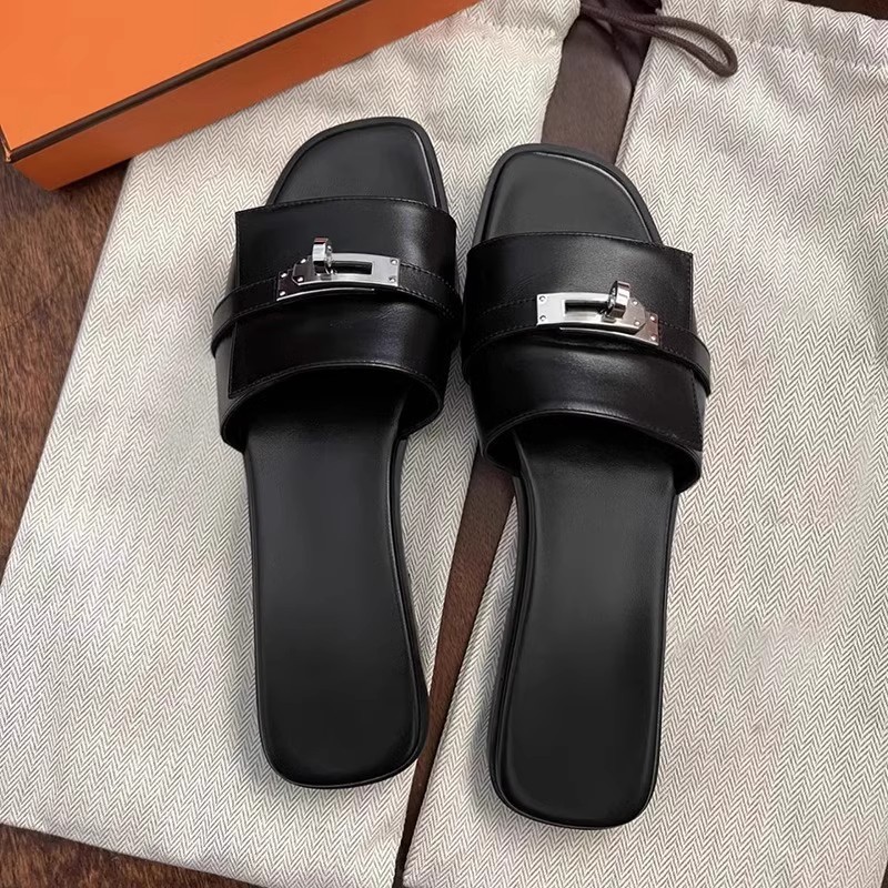 new european station kelly silver buckle flat h slippers women's sandals one-word slippers outdoor soft leather slippers fashion Specification drawing