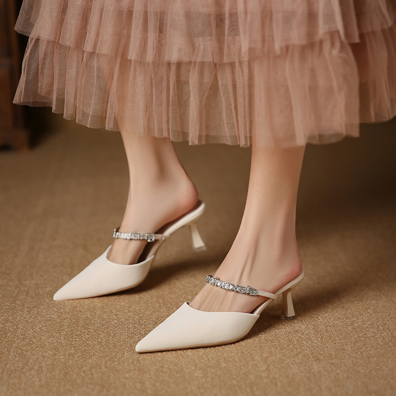 699-19 toe cap semi slipper women's sandals 2023 new dignified rhinestone outdoor high heels pointed toe stiletto heel shoes full figure