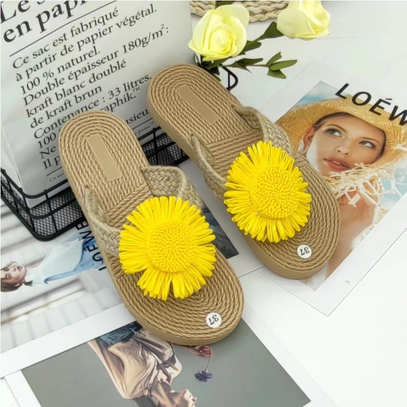 ethnic style imitation straw travel hemp bottom women's sandals tide outdoor flip-flops stylish beach flower flip-flops women's slippers undefined