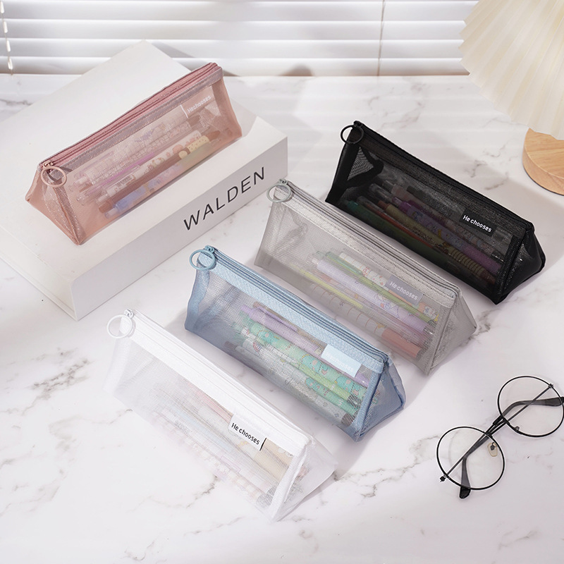 simple transparent mesh pencil bag three-dimensional triangle stationery case male and female student exam bag large capacity pencil case wholesale full figure
