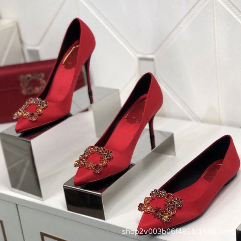 lin xinru style rv rhinestone square buckle high heels women's stiletto heel pointed flat pumps satin red wedding shoes shallow mouth undefined
