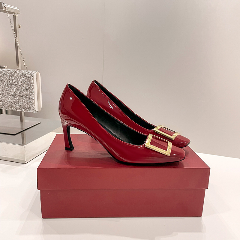 r flat shoes square buckle shoes chunky heel 2025 new spring and autumn high-grade high heel stiletto square toe french women's shoes undefined