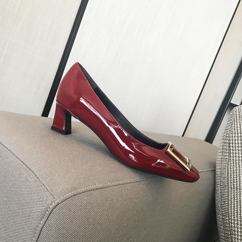 r high heels women's square buckle shoes square toe elephant gray chunky heel patent leather bridesmaid pumps commuter shoes wedding shoes shallow mouth women Item Picture