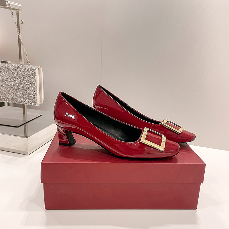 r flat shoes square buckle shoes chunky heel 2025 new spring and autumn high-grade high heel stiletto square toe french women's shoes undefined