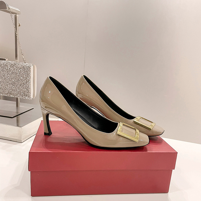 r flat shoes square buckle shoes chunky heel 2025 new spring and autumn high-grade high heel stiletto square toe french women's shoes undefined