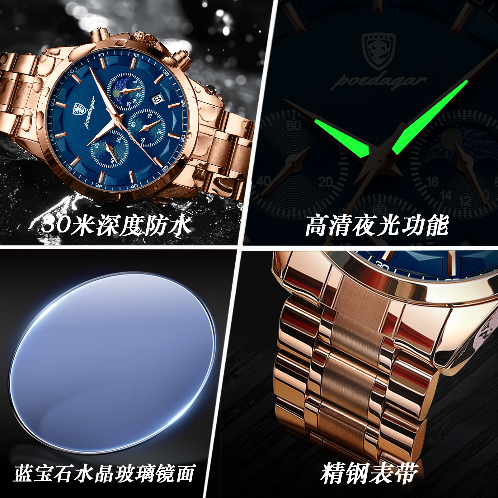 swiss brand new sports men's watches multi-functional waterproof quartz watch live broadcast foreign trade popular style one piece dropshipping Specification drawing