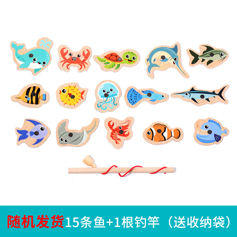 wooden barrel marine fishing toys children's early education educational cognition fun magnetic marine fish parent-child game Item Picture