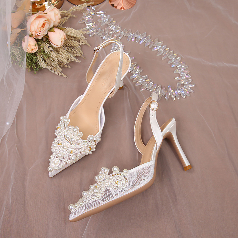summer sandals women 2023 white wedding shoes women lace shoes fashion high heels pearl one piece dropshipping stiletto heel details Picture