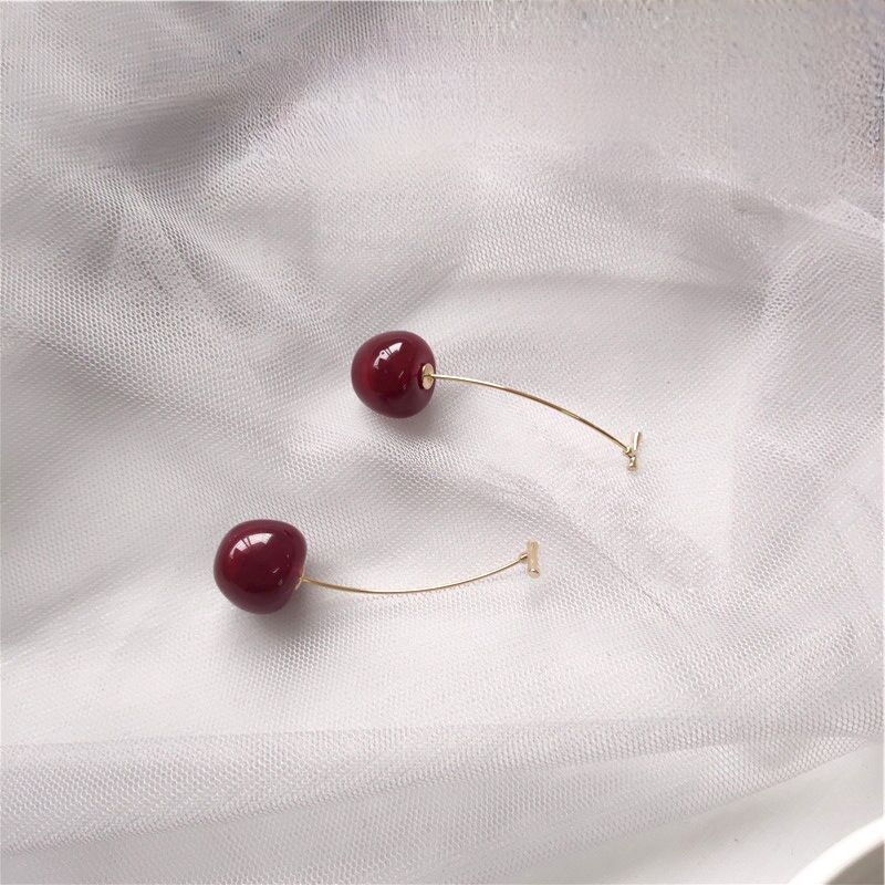 earrings 925 silver needle high-grade earrings cherry fruit cherry earrings personality cherry pendant long earrings Item Picture