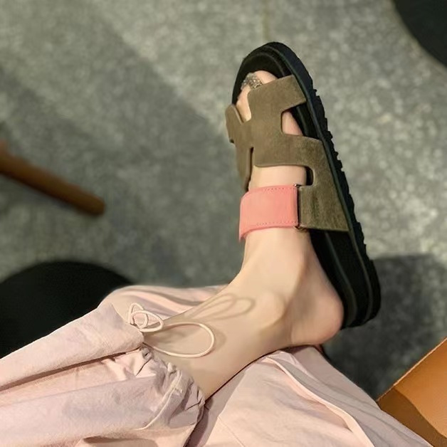24 summer new slippers women's foreign trade large size all-match thick bottom velcro solid color european and american leisure sandals for women Item Picture