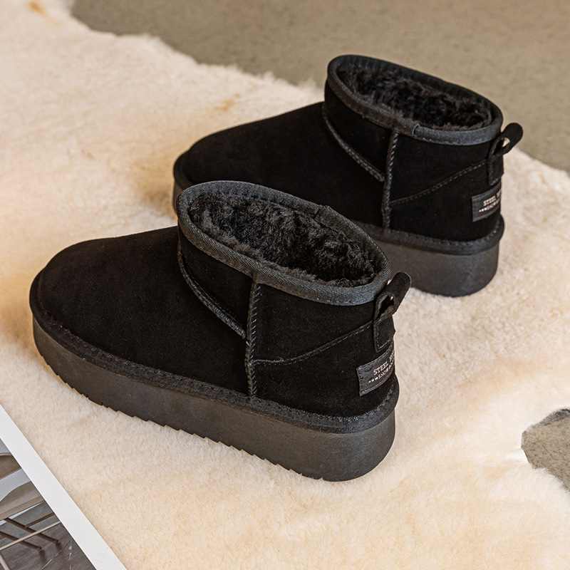 winter new snow boots flat bottom short boots northeast cotton padded shoes men's fleece-lined thickened waterproof warm genuine leather snow boots women undefined