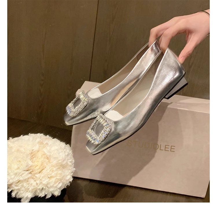 grape mom same style rhinestone low-cut french square head silver flat leather pumps women's 2025 spring and autumn new undefined