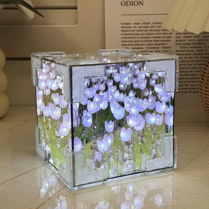 internet celebrity tulip flower sea small night lamp handmade diy cube stereo mirror creative decoration couple gift Item Picture