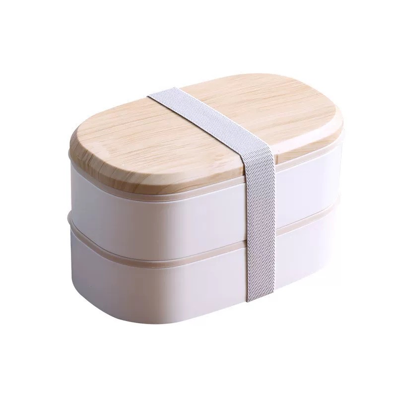Wood-grain square double-layer strap Japanese bento box, compartments lunch box, microwave large-capacity lunch box Item Picture