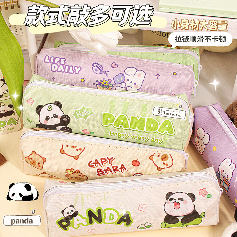 cartoon panda flower pencil case primary and secondary school students' stationery supplies large capacity cute pu waterproof pencil bag stationery box full figure