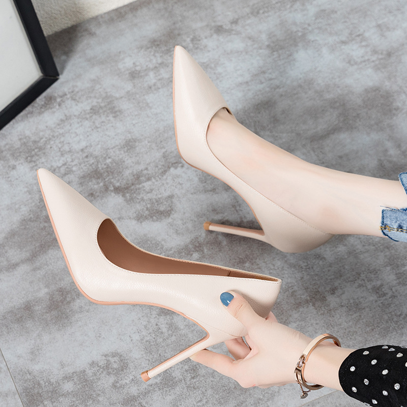 litchi pattern high heel pointed toe shoes women's korean-style elegant sheepskin bottom high heels slip-on solid color stiletto women's shoes undefined