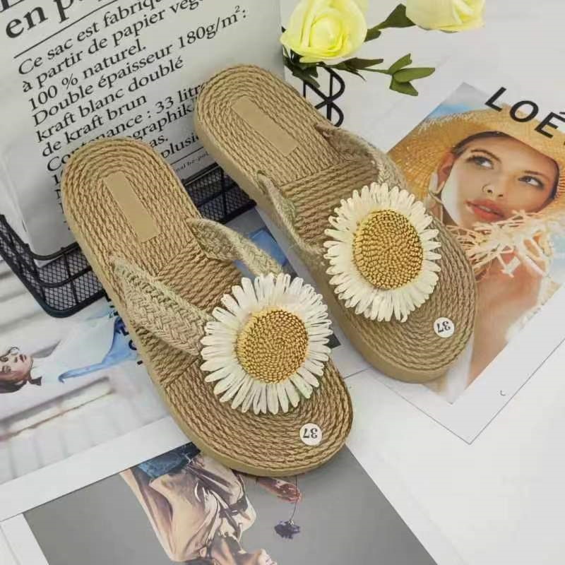 ethnic style imitation straw travel hemp bottom women's sandals tide outdoor flip-flops stylish beach flower flip-flops women's slippers undefined