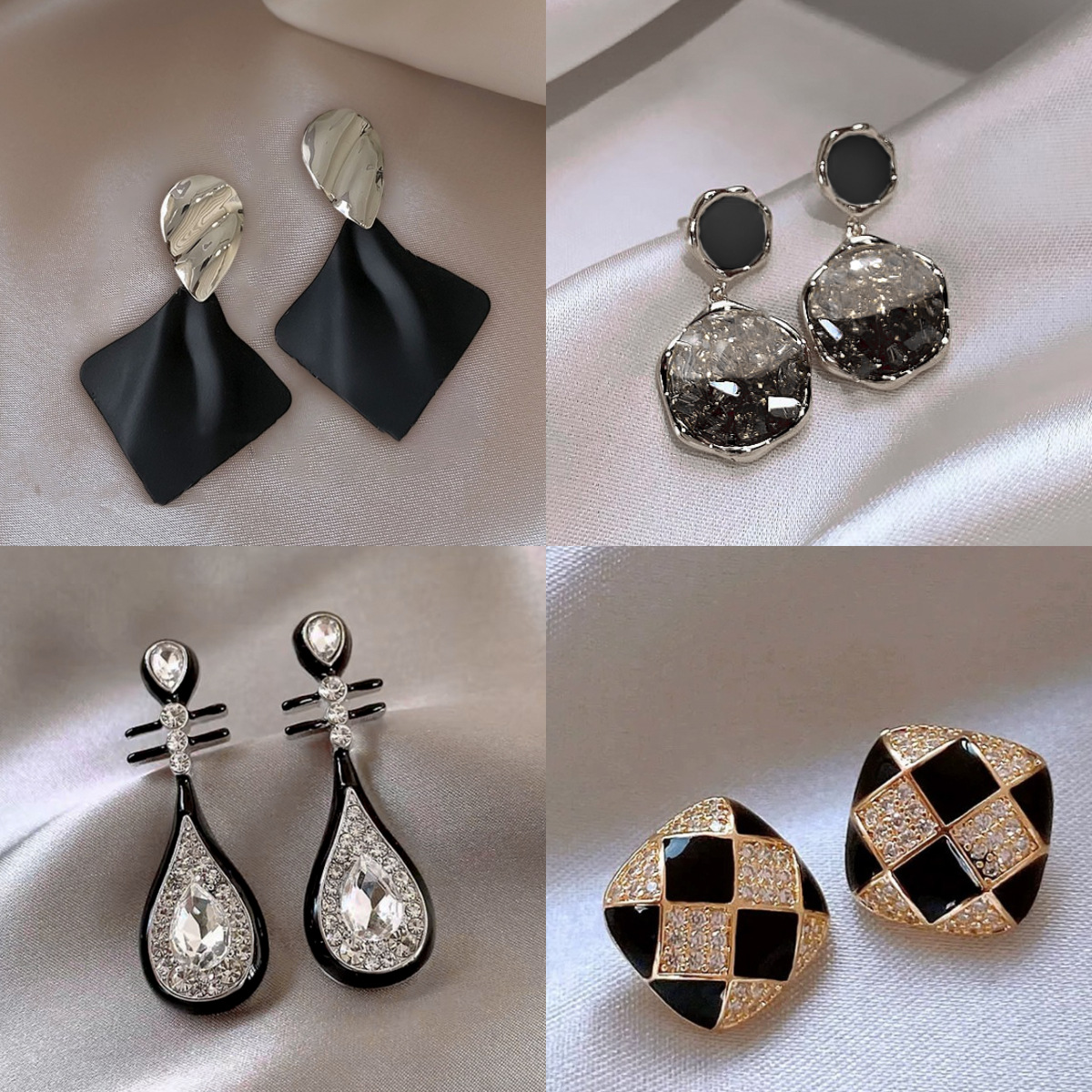 silver needle fashion high-grade diamond-embedded black earrings minority all-match temperamental earrings light luxury high quality earrings wholesale details Picture