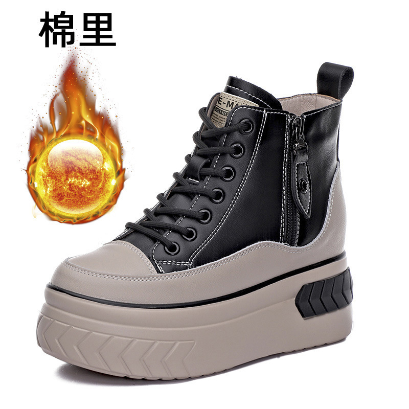 sneakers cowhide 2025 autumn new platform shoes high heel platform height increasing insole casual high-top shoes boots women's shoes Item Picture