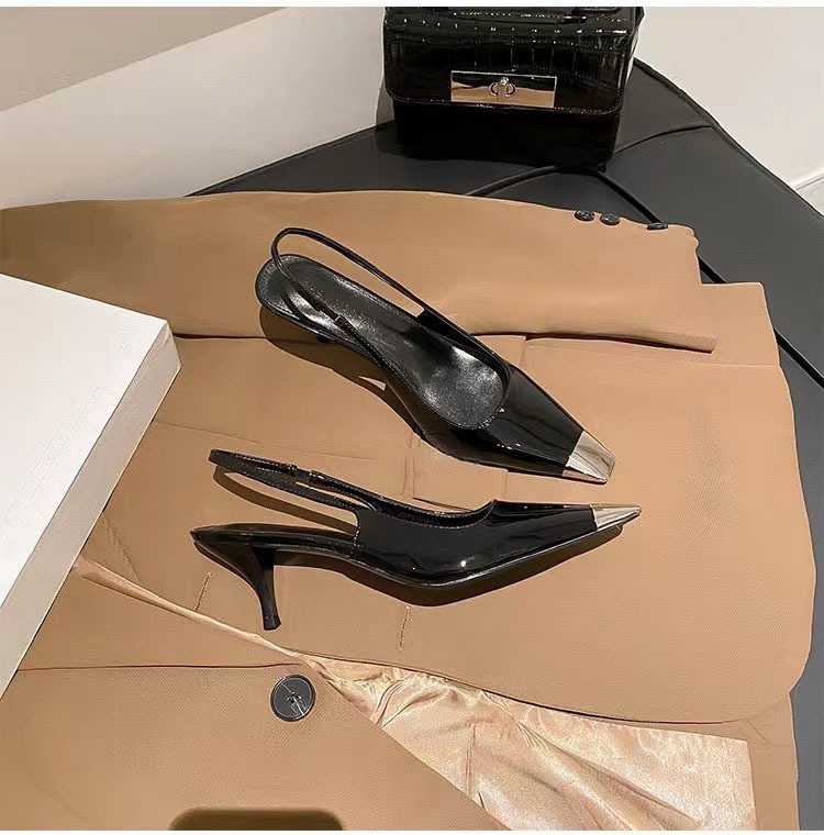 pointed toe women's high heels black patent leather closed toe sandals women's single-layer shoes stiletto heel park caiying rose same style high heels Specification drawing