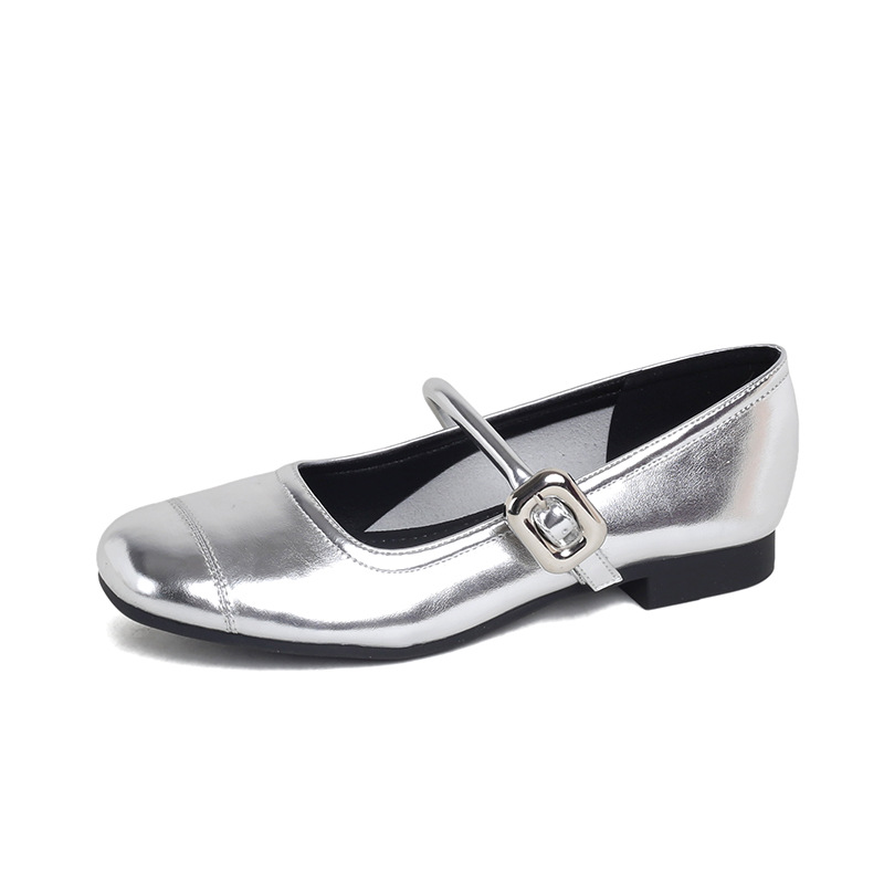 7221 huidong yixinda round square toe shallow mouth silver leather shoes flat height increasing insole soft bottom mary jane shoes women full figure