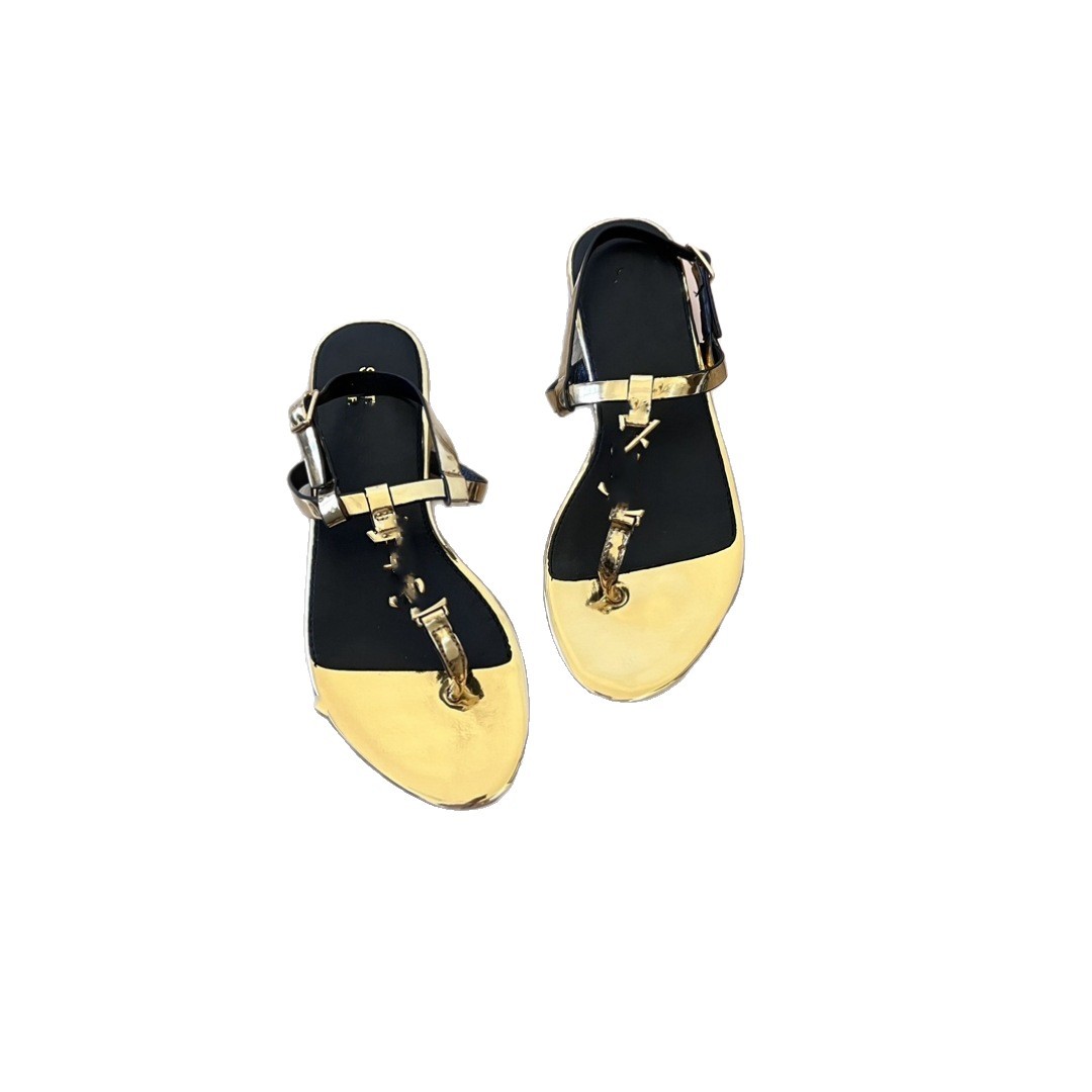 poplar linjia summer metal flip toe flat ankle-strap buckle sandals women's fashion round head hollow out flat bottom comfort details Picture