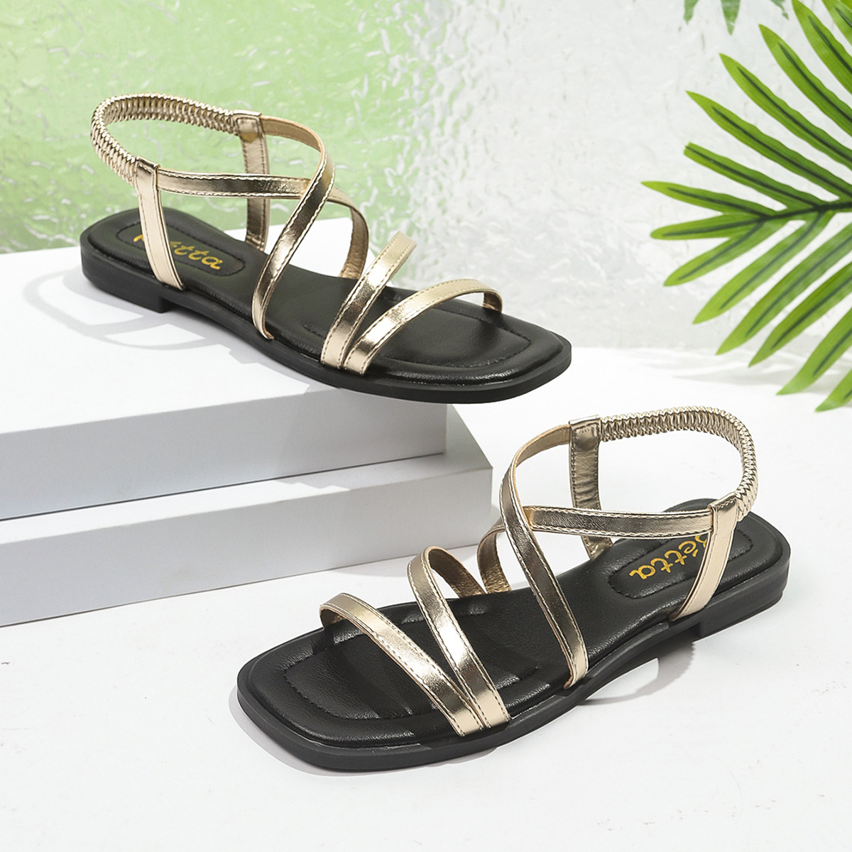 european and american foreign trade large size fashion roman cross strap flat sandals women's cross-border elastic strap beach sandals wholesale Specification drawing