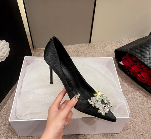 [spot] wedding shoes dinner party shoes ~ closed toe sandals women's fashion pointed toe rhinestone square buckle stiletto back empty high heels details Picture