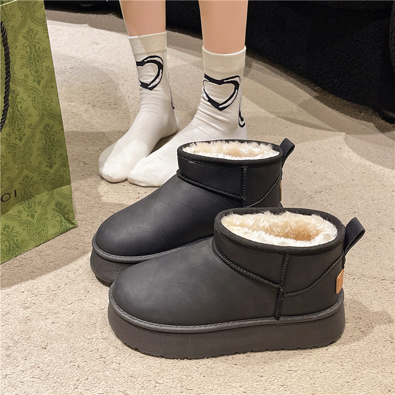 leather snow boots women's 2024 cotton-padded shoes winter fleece-lined thickened women's shoes waterproof platform fashion leather boots ankle boots details Picture